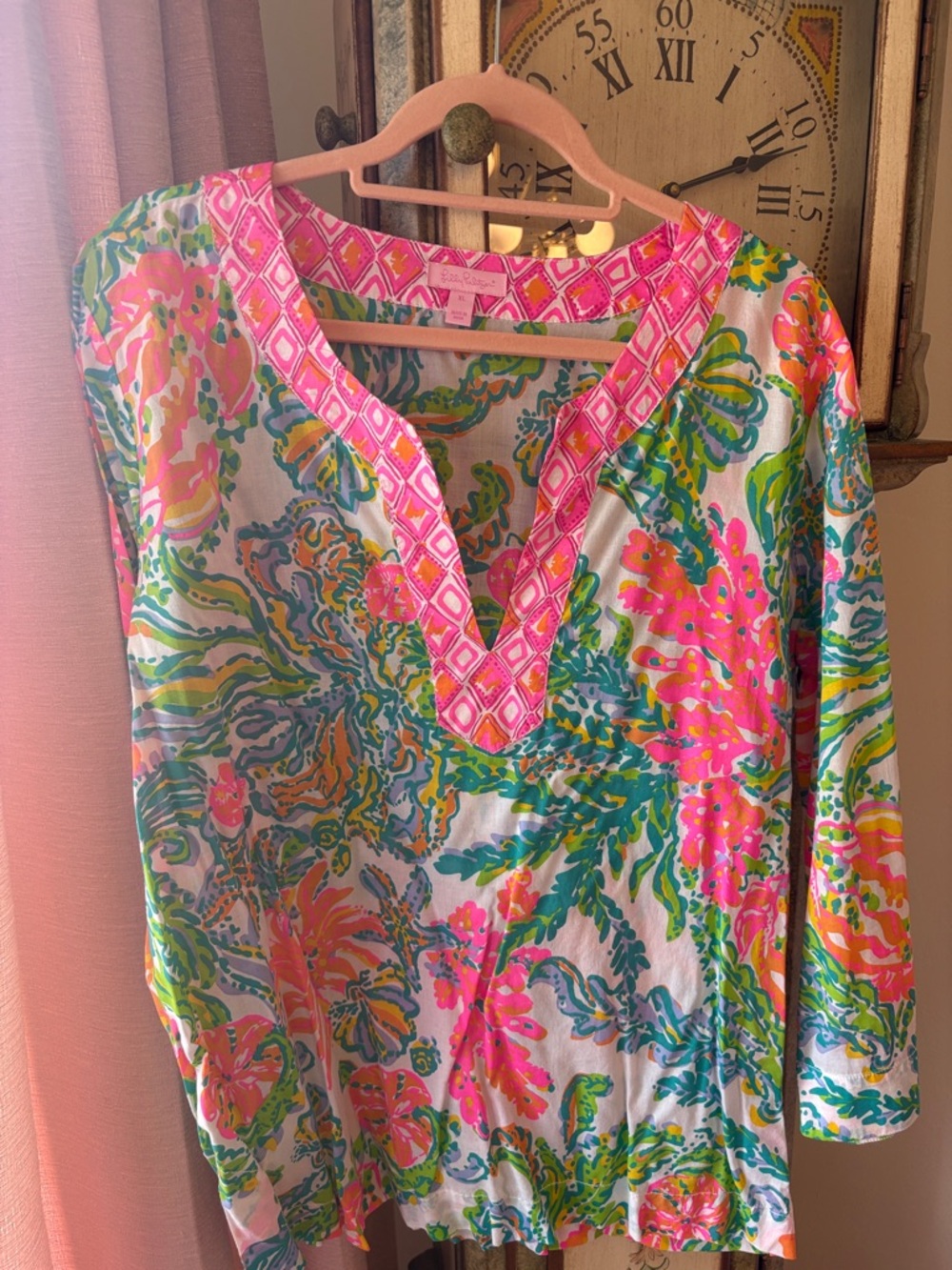 Bright Floral Popover Tunic - Pink, Green, Blue